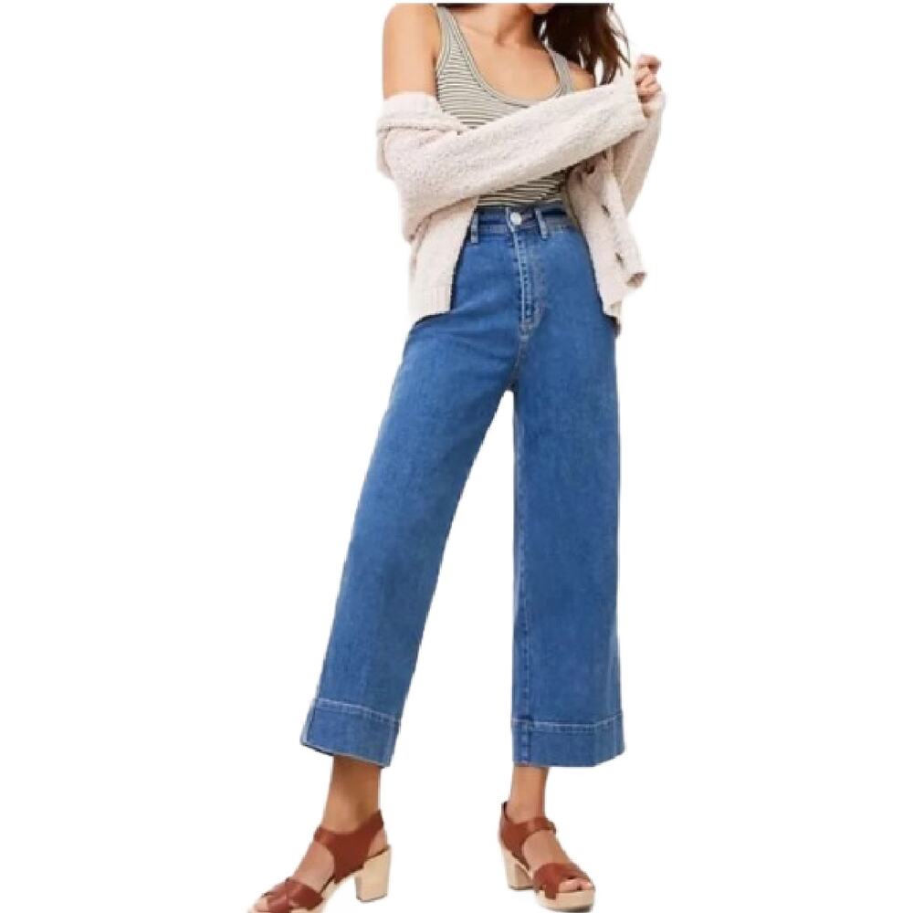 LOFT High Waist Wide Leg Jeans 8 / 29 Crop Medium Wash Coin pocket